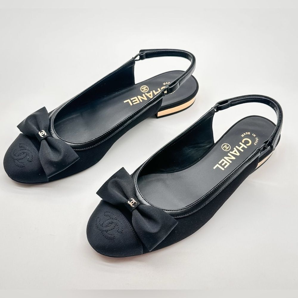 Chanel 2024 CC Logo Black Bow Grosgrain Slingback Ballerina Flats EU 37 - Picture 9 of 15